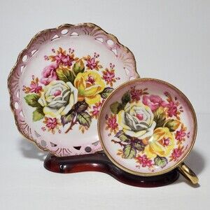 Vintage Floral Teacup and Saucer Pink Yellow White Flowers